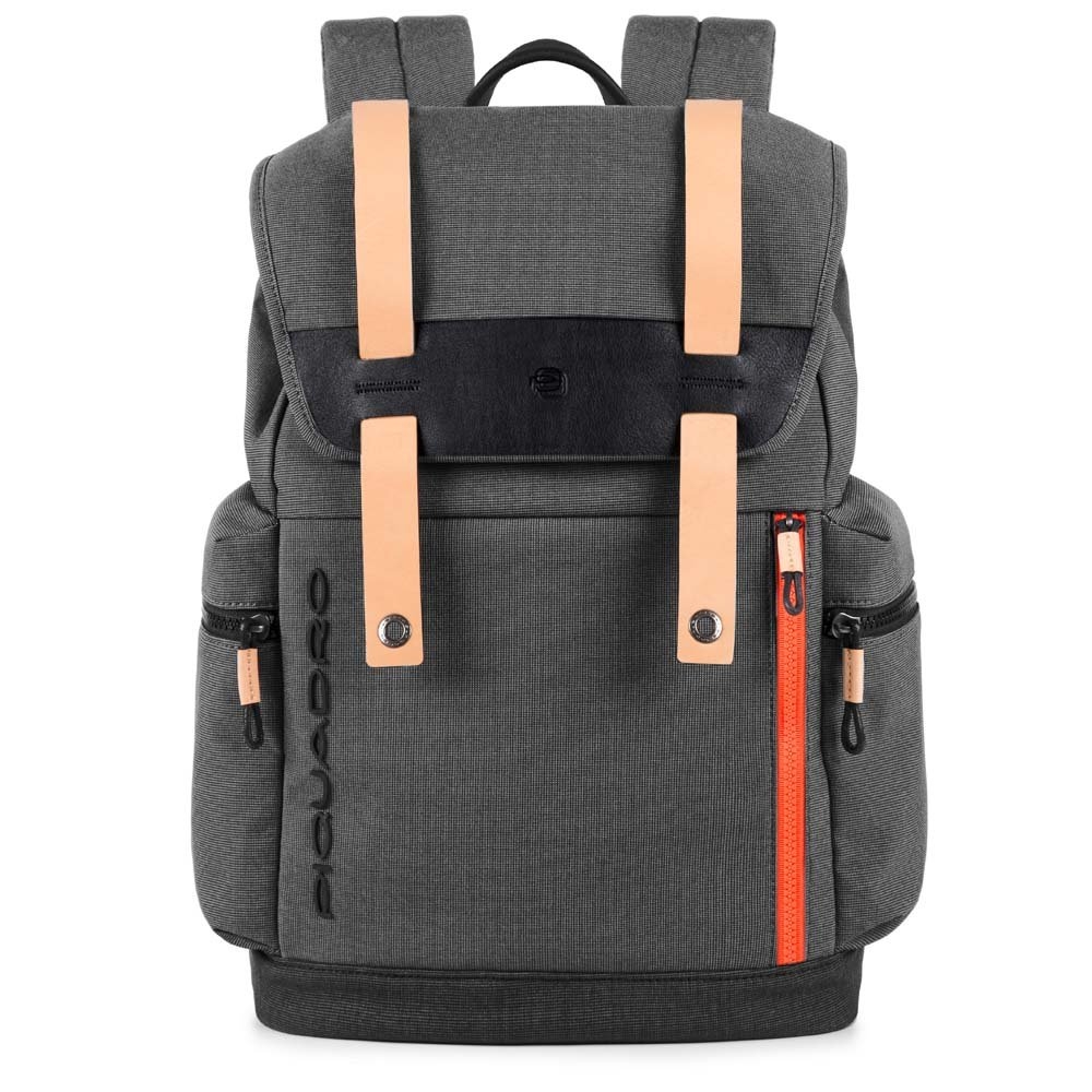 Zaino grigio in pelle e tessuto con patta blade piQuadro