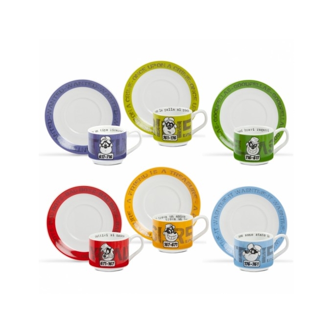SET 6 TAZZE CAFFE C/PIATTINO B.BASSOTTO COLORI ASSORTITI