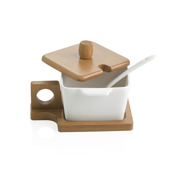 Brandani - formaggera square in porcellana bianca con cucchiaino e con supporto e coperchio in bamboo