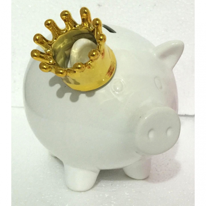 PIGGYBANK W.CROWN 15CM WHITE