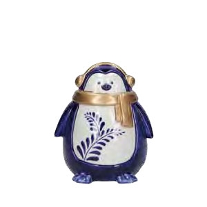 Pinguino con paraorecchie in stoneware blu e oro Rituali Domestici