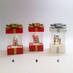 Spinning giftbox watersnowing - 3ass Red/gold + White/silver-Battery- LED-10x10x17