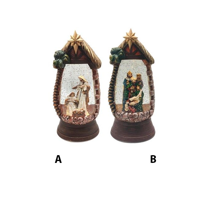 Lantern watersnowing nativity luxe - 2 ass Brown-Battery / Adapter (not incl)-LED