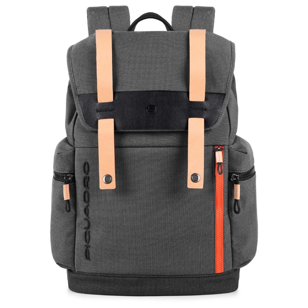Zaino grigio in pelle e tessuto con patta blade piQuadro