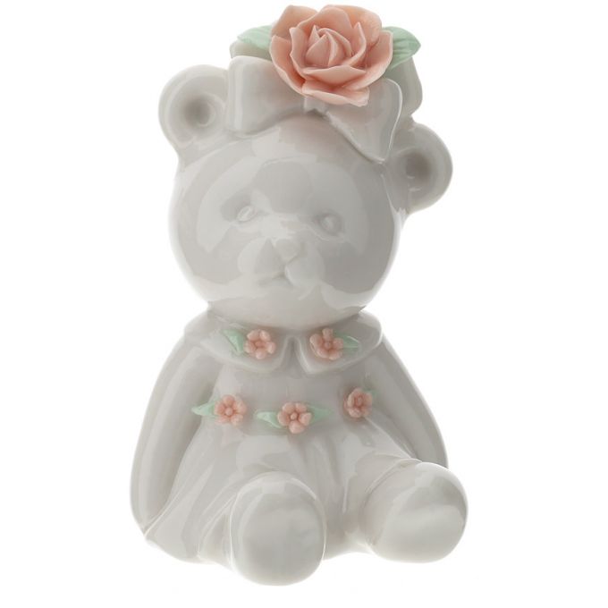Orsetta seduta con rose in porcellana cm 9 Hervit