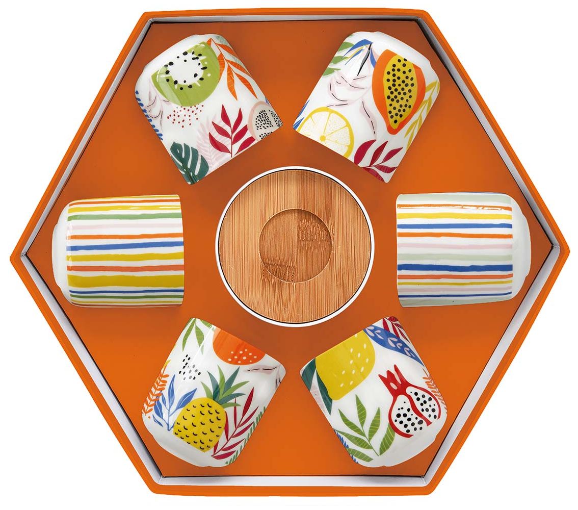 Set 6 Tazzine Con Piattini In Bamboo In Gift Box Tutti Frutti Easy Life