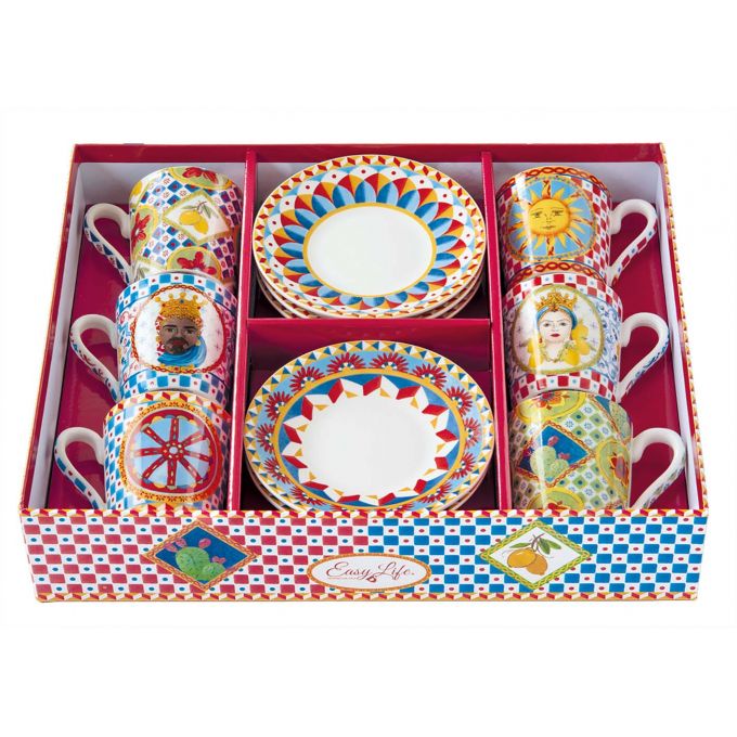 Set 6 Tazzine Espr.100 Ml C/Piattini In Gift Box Sicily Easy Life