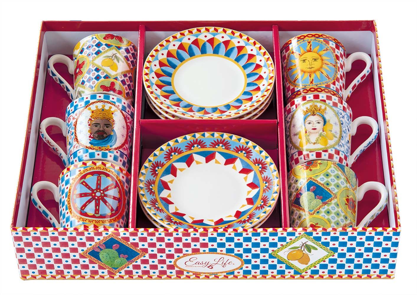Set 6 Tazzine Con Piattini In Gift Box Sicily Easy Life