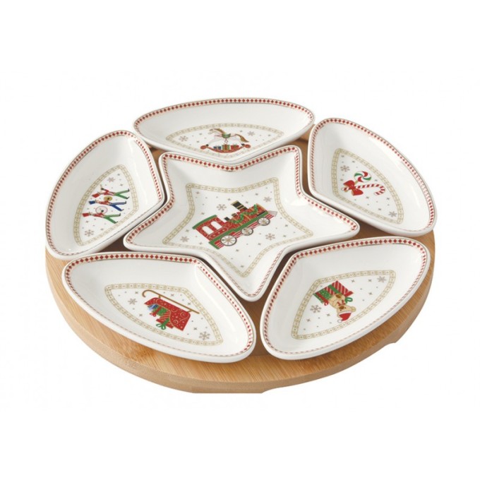 Set Aperitivo Con 6 Ciotoline In Porcellana E Base In Bamboo In C.B. Polar Expre Easy Life