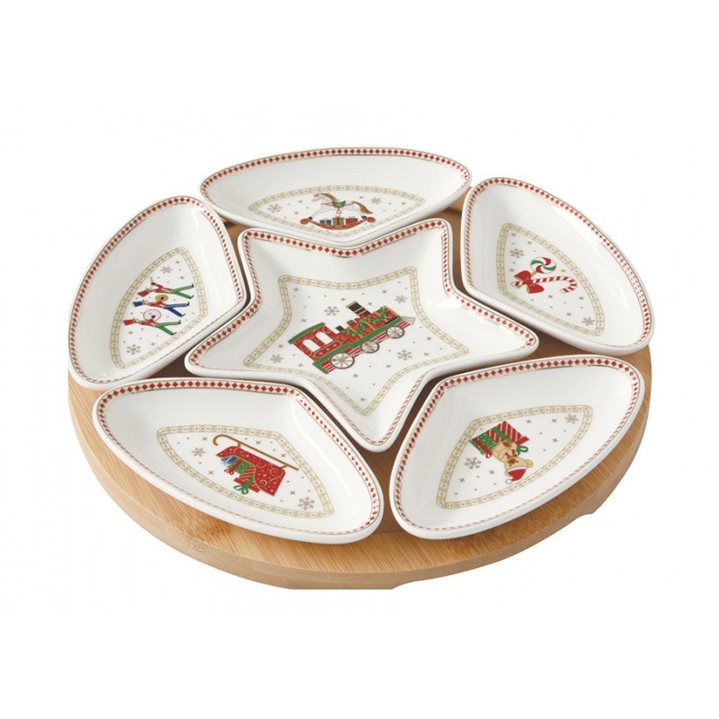 Set Aperitivo Con 6 Ciotoline In Porcellana E Base In Bamboo In C.B. Polar Expre Easy Life