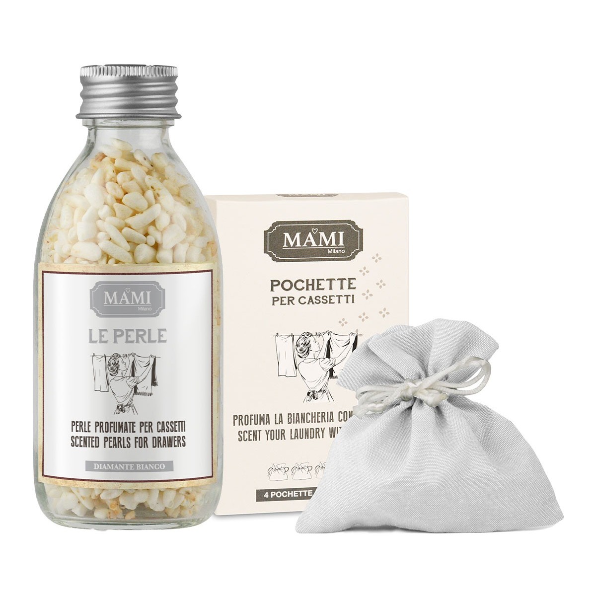 Box Bucato Mami Milano Diamante Bianco: Essenza 200 Ml + Perle + Pochette