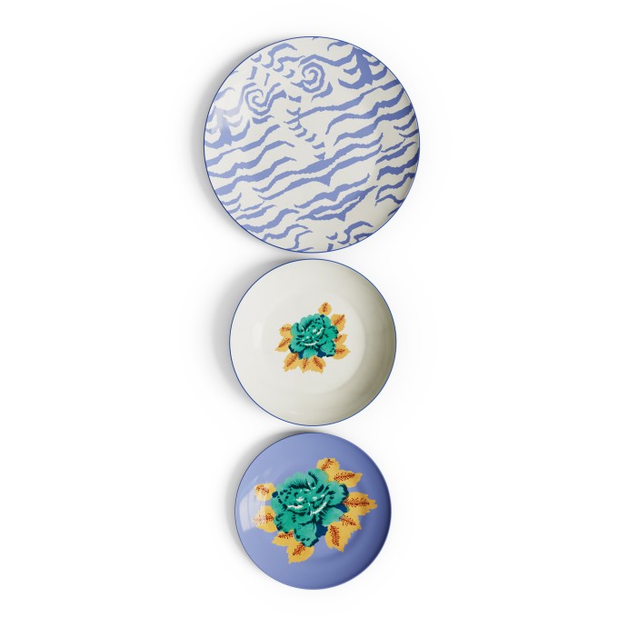 Table Set Plate 3X Porcelain Indian Tiger Pervinch Unica