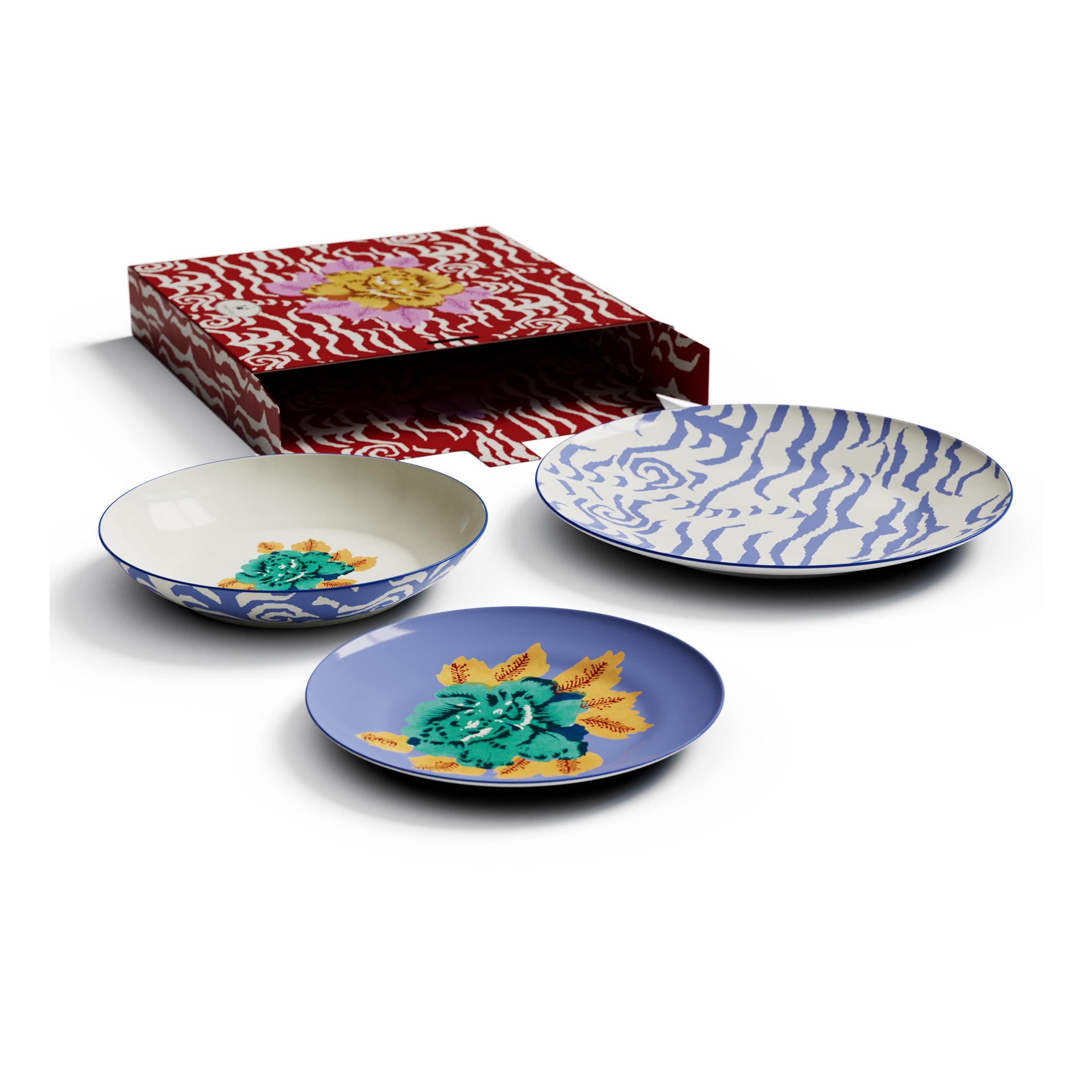 Table Set Plate 3X Porcelain Indian Tiger Pervinch Unica